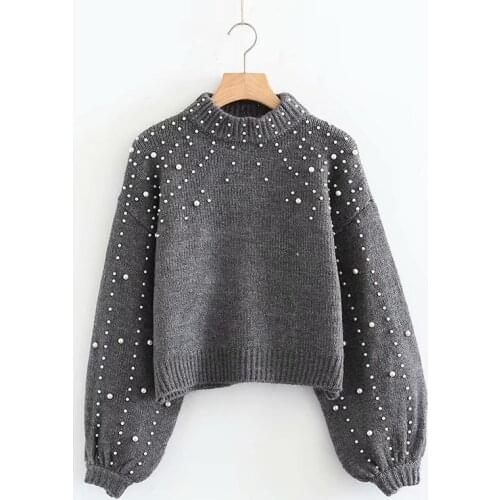 PERHAPS U Women Pearl Sweater Knitted Grey Crewneck Pullovers Casual M0133 Autumn Winter