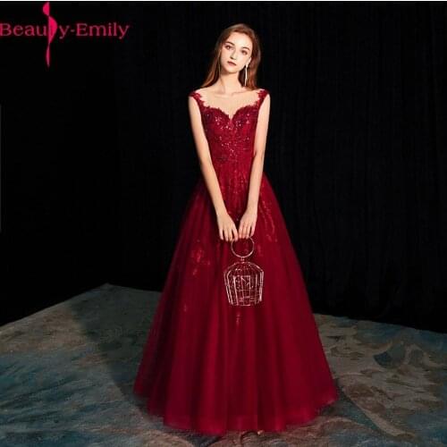 Beauty Emily Romantic O Neck Sleeveless Evening Dress Long Charming Burgundy Spaghetti Strap Lace Up Back Evening Gown
