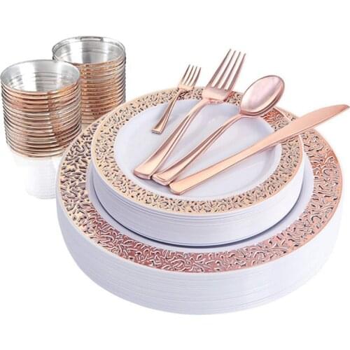 1 Sets of Rose Gold Disposable Tableware Set Cup Plastic Plate Table Knife Wedding Banquet Supplies