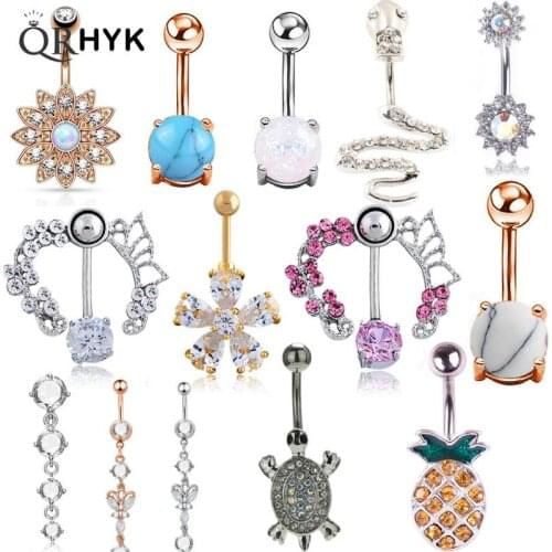 1Pc Flower Dangle Belly Button Rings Body Piercing Navel Bar 14G Double Full Flower Shape body piercing bar Body Bar