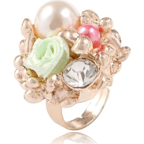 CRLEY Blooming Rose Flower Imitation Pearl Adjustable Ring for Women Multicolor Party Jewelry Christmas Gifts Wedding Berloque