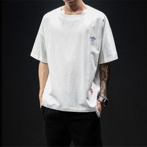 Summer Linen Mens T-shirts Flash Rain Embroidery Baggy Cotton Soid Short Sleeve Tee Shirts Male clothes 2020 Camisetas hombre