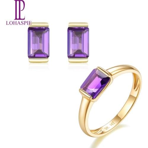 LP Solid 9K 18K Yellow Gold Natural Gemstone Amethyst Stud Earrings & Ring Bridal Jewelry Sets For Women EngagementGift