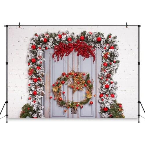 Neoback Christmas Backdrops Brick Wall Christmas Decoration Door Photographic Background for Photo Studio