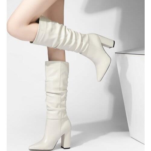 Fashion Ladies Pleated Knee Boots Autumn Winter New Style Female Slip On Square High Heel Pointed Womens Shoes