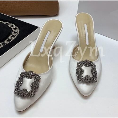 Pointy Toe Satin Mules Elegant Crystal Buckle Banquet Women Slippers Formal Wedding Bride Shoes Slippers Luxury Stiletto 7.5cm