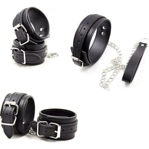 Black PU Leather Hands Cuffs & Ankle Cuffs & Neck Collar Set ,BDSM Bondage Retraint Cosplay Accessories For Couples Sex Toys