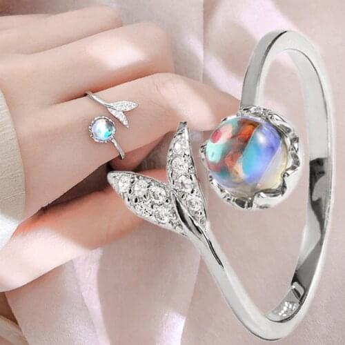 New Fashion Colorful Opal Ring Wedding Jewelry Adjustable Open Crystal Mermaid Rhinestone Tail Ring for Women Ladies Finger Ring