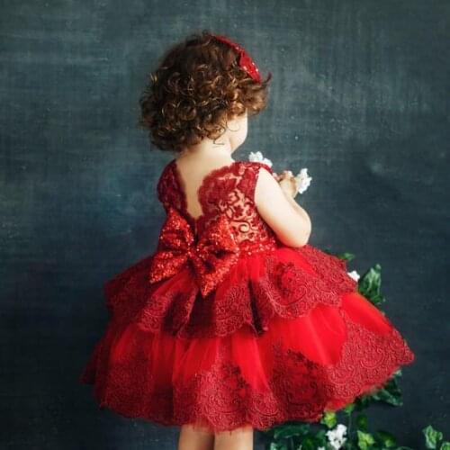New Flower Girls Dresses Red Lace Tulle Ball Gown Birthday Party Little Sweet Girls Pageant Gowns Special Occasion