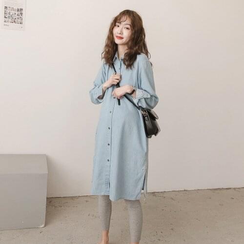 Spring and Autumn New Maternity Wear Loose Pregnant Women Denim Shirt Skirt Large Size Long Long Sleeve Top Maternity Wear
