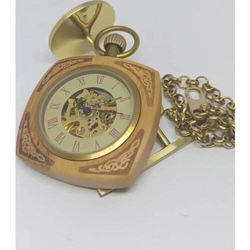 New Arrival Square Wood Case Mechanical Pocket Watch Hand Wind Black Roman Dial Pocket Watch Vintage Gift Watches with Chain