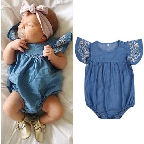 Pudcoco Newboen Toddler Baby Girls Clothes Denim Flying Sleeve Rompers Jumpsuit Outfit Sunsuit Clothes 0-24M