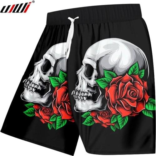 UJWI New Summer Casual Shorts Print Rose flower Skulls 3D Beach Shorts Mermuda For Men Fitness Elastic Waist Drawstring Trousers
