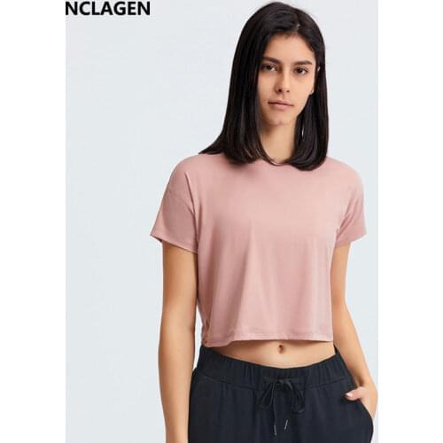 NCLAGEN Sports Top Women Fitness T-shirt Running Fashion Quick Dry Breathable Loose Elastic Workout Sexy Gym Crop Yoga Blouse