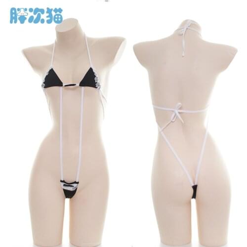 Japanese Teen Girls Black Sexy Kawaii Slim Lolita maid Set Lace Trim Fancy Siamese underwear Womens Home Black Tied Lingerie