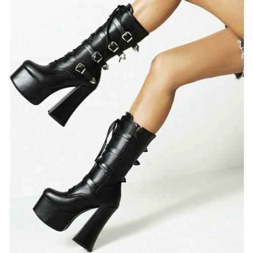 2021 Platform Super Square High Heel Women Ankle Boots Patent PU Leather Ladies Motorcycle Boots Side Zipper Buckle Womens Boot