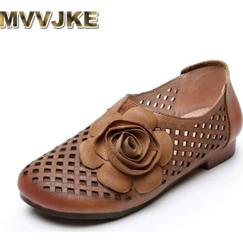 MVVJKE Retro Genuine Leather Flower Womens Sandals Summer Shoes Woman Breathable Hollow Casual Women shoes
