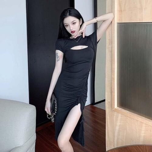 2021 Summer New Women Sexy Fashion Hollow Out Solid Short Sleeve Split Fork Dress Korean Temperament Drawstring One Piece Dress