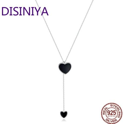 DISINIYA Double Heart Necklace for Women Simple Black Enamel Y-shape Chain Necklaces 925 Femme Sterling Silver Jewelry XBSN0095