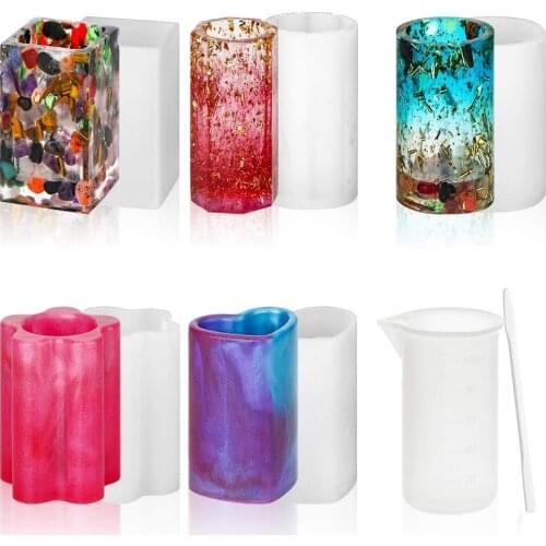 7PCS/set Pen Container Mold Set 5Pcs Multishaped Crystal Resin Silicone Molds 1Pcs 100ML Measuring Cup 1Pcs Muddler