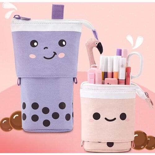 Boba Milktea Pen Pencil Telescopic Holder Stationery Case Stand-up Transformer Bag with Kawaii Smile Face Black Dot Organizer