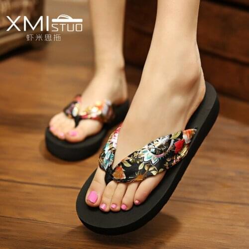 Bohemian Silk Fabrics Slanted Heel Non-Slip Slanted Heel Flip-Flop Flip-flops Beach Womens Slippers Korean Style Womens Shoes