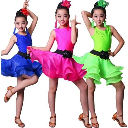 Girls Blue Red Professional Latin Dancing Dress Kids Ballroom Salsa Dance Wear Outfits Childrens Party Stage Wear Costumes