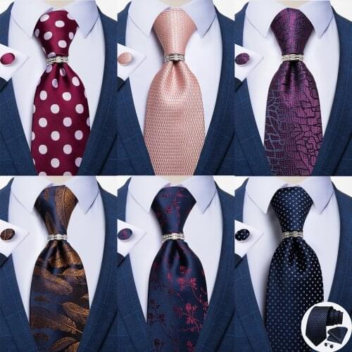 DiBanGu New Design Silk Mens Ties Dot Floral 8cm Jacquard Necktie Pocket Square Set Formal Wedding Party Gravatas Tie Ring Set