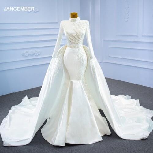 J67248 JANCEMBER White Turtleneck Elegant Pearl Decoration Bridal Wedding Dress Long Sleeve Removable Trailing Fishtail Dress