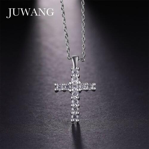 JUWANG Wholesale Sliver Color Cross Pendant Necklace Religious Rhinestone Necklace Jewelry For Woman Men Fashion Jewelry