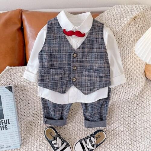 JY 3Piece/Set Boys Plaid Vest+Red Beard Shirt+Pant Three-Piece Gentleman Printed Casual Suit 80 90 100 110 XZ01