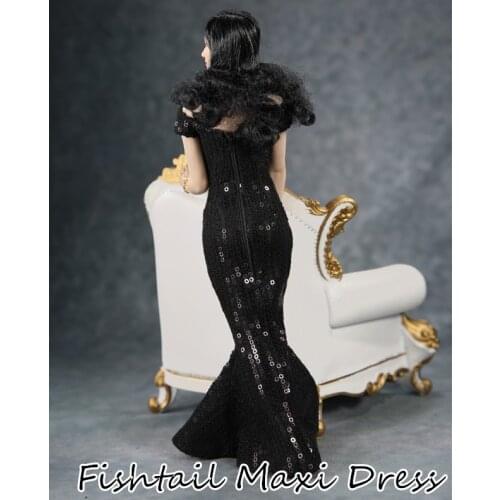 Collectible FT008 1:6 Scale Female Clothes Black Fishtail Maxi Dress With Handbag Model For Woman Action Figure Body