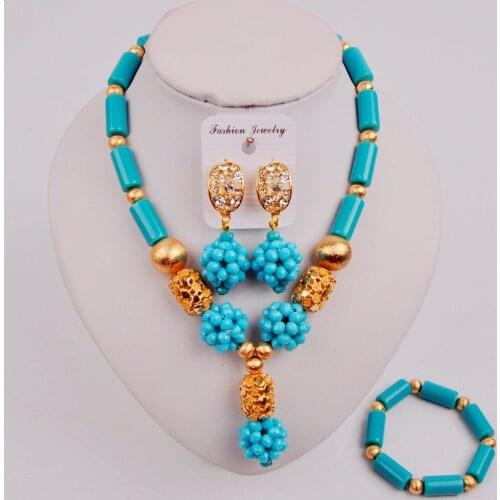 Beautiful Aqua Blue Nigerian Wedding Set Crystal Bead Necklace African Jewelry Set for Women ZQ-02
