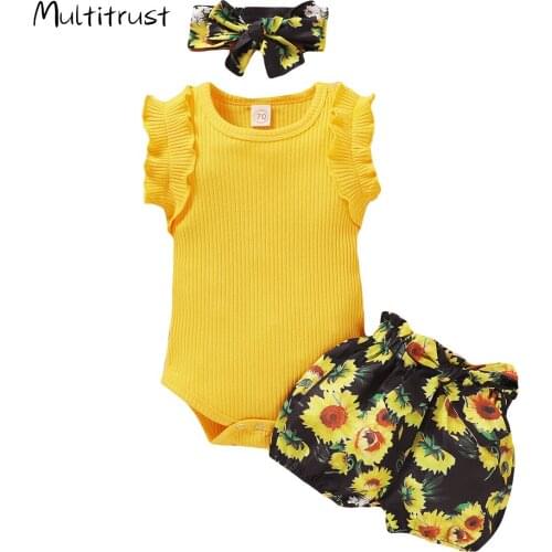 0-24M Summer Girls Boys Clothes Sets 3 Colours Ruffles Shorts Sleeve Bodysui Floral Shorts Headband 3pcs