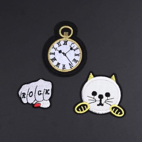 Retro Clock Patches 3D Diy fist Embroidered Cat Appliques for Clothes Children Hat Cartoon T-shirt jacket on Clothing Decor