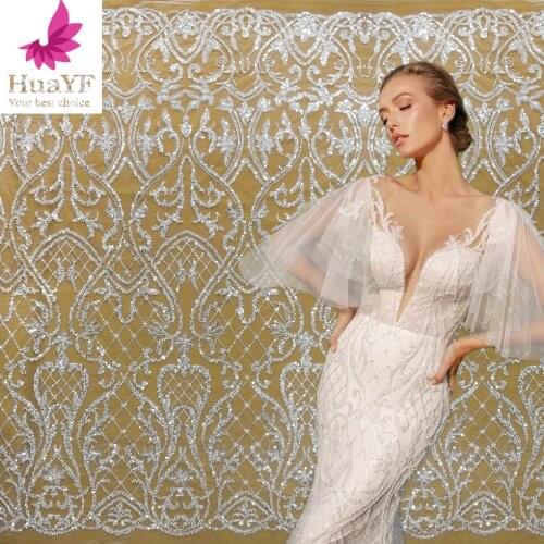 2021 New Quality White Embroidery Beaded Lace Sequins Bridal Fabric For Wedding Evening Dress 5 Yards HY1645-1
