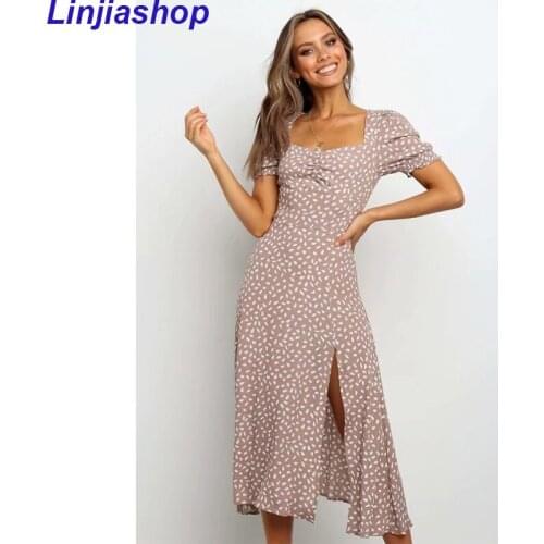Summer New Womens Midi Dress European and American Style Collar Short-sleeved Chest Folds High Waist Thin Print Dress