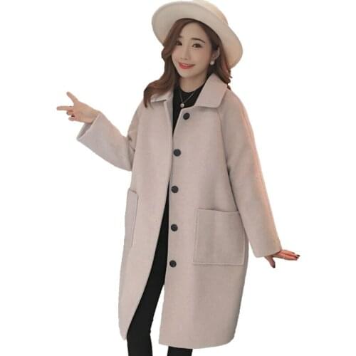New Woolen Coat Female Long Korean 2021 Autumn Winter Warm Thicke Woolen Coat Female Solid Jacket Coat Button Pocket Windbreaker