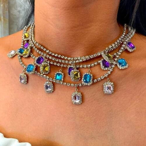 Caraquet Charm Shining Rhinestone Tennis Chain Choker Necklace For Women Square Crystal Pendant Necklace Fashion Luxury Jewelry