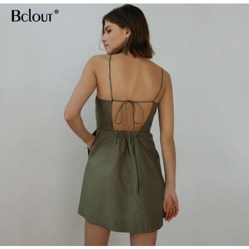 Bclout Sexy Lace-Up Slim Spaghetti Strap Mini Dress Women Hollow Out Backless Party Dresses 2021 High Waist Square Collar Robe