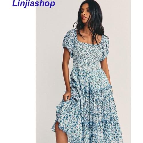 Women Summer A Line Floral Print Long Dress Female Square Neck Short Puff Sleeve Backless High Waist Elastic Ruffle Midi Dress