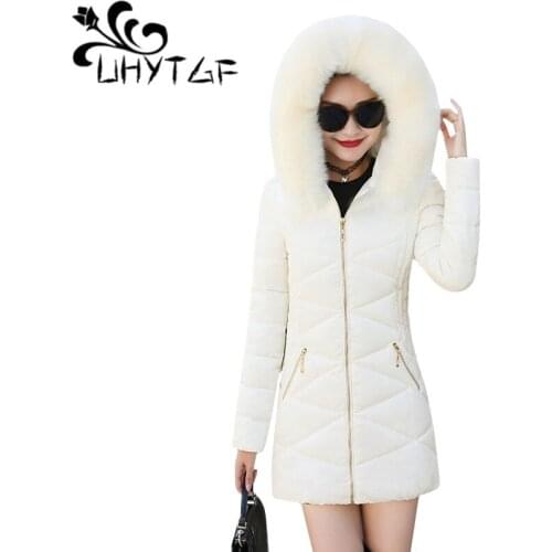 UHYTGF Big Fur Collar Down Cotton Coat Slim Winter Jacket Women Harajuku Parkas Mujer 2018 Fashion Warm Zip pocket Cotton Jacket