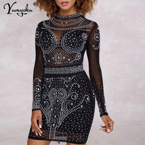 Sexy vintage see through Rhinestone mini summer dress women Club Party Black bodycon woman dress evening ladies dresses vestidos