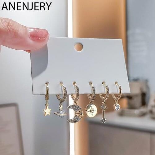 ANENJERY 6 pieces/set 925 Sterling Silver Moon Star Planet Hoop Earrings Micro Zircon Handmade Party Jewelry