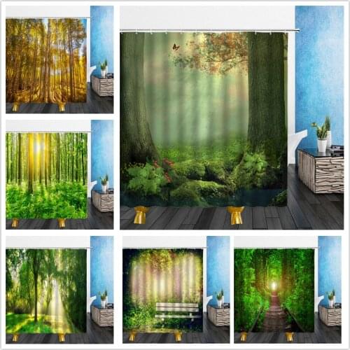 Modern 3D Printing Forest Shower Curtains Green Plant Tree Landscape Bath Cloth Curtain With Hooks Bathroom scenery Home Decor