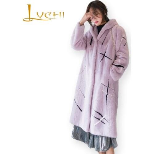 Stylish 2019 Long Casual Velvet Real Fur Coat Shuba Women Stripe With Fur Hood Mink Coat Full Pelt High-end custom coat female