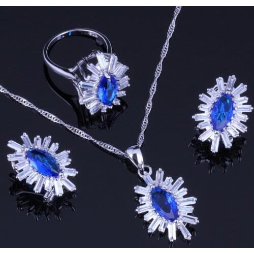 Super Blue Cubic Zirconia White CZ Silver Plated Jewelry Sets Earrings Pendant Chain Ring V0242