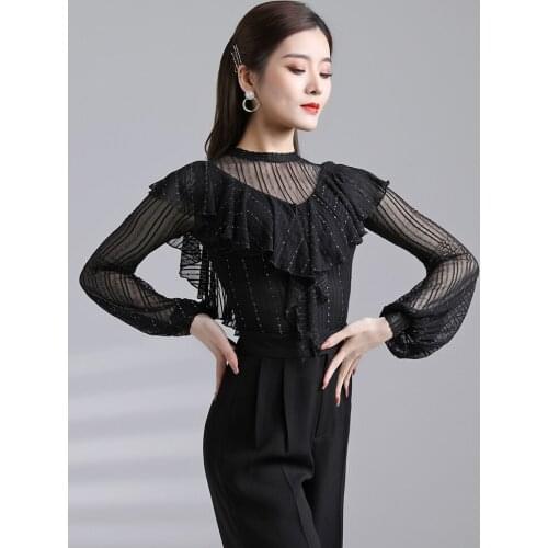 Lantern Sleeve Latin Dance Tops Bling Bling Samba Ballroom Dancing Practice Wear Competition Shirt Performance Clothes YS1722