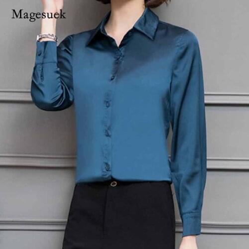 2020 Spring Fashion Women Turn-Down Collar Chiffon Women Tops and Blouses Long Sleeve Blouse Office Work OL Satin Shirts 2245