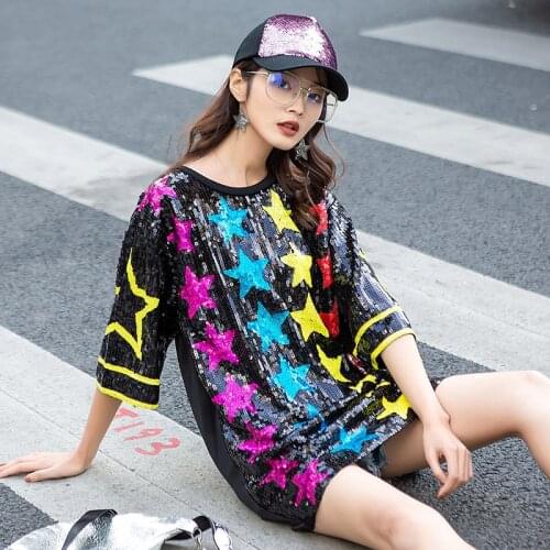 Chic Stars Sequins T-shirts Oversized Long Geometric Pattern Beading Tees O-neck Short-sleeved Shirts Dress Tops
